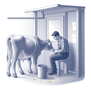 A farmer is seated on a wooden stool, leaning forward as he milks a cow by hand. The cow is positioned comfortably, with its large body resting against the wooden side of the barn. The barn itself features rough-hewn beams and weathered wooden walls, creating a cozy atmosphere. Sunlight filters through a small window, casting soft shadows on the hay scattered on the floor. The farmer, dressed in a plaid shirt and overalls, displays a focused expression as he carefully collects the milk in a metal bucket placed beside him.