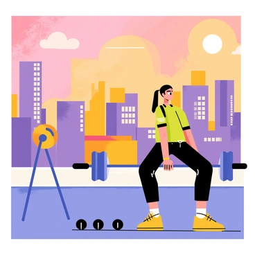 A city rooftop gym with a view of tall buildings and a vibrant sunset in the background. A person is performing barbell rows, demonstrating focused effort. The gym equipment includes a shiny barbell and weights neatly arranged nearby. The sky is filled with warm hues of orange and pink, casting soft light over the scene. The person's athletic attire contrasts with the urban landscape, emphasizing their dedication to fitness in a lively environment.