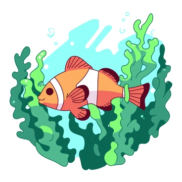 A vibrant orange clownfish is swimming gracefully among the dense green fronds of a kelp forest. The clownfish has white stripes prominently displayed on its body. Sunlight filters through the surface of the water, casting patterns of light and shadow across the surrounding kelp. Small bubbles rise from the fish as it moves, adding to the lively scene. The kelp fronds sway gently in the water, creating a dynamic environment full of movement.
