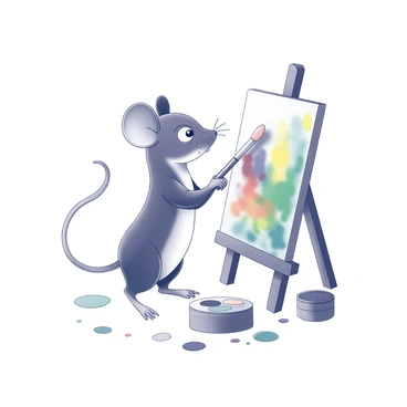 A tiny mouse is standing upright on its hind legs. It is holding a paintbrush in one of its small paws, poised above a canvas. The canvas is set on an easel and displays an array of vivid strokes, suggesting a colorful masterpiece in progress. The mouse has large round ears and bright eyes, focused on its work. Surrounding the canvas, there are small containers that appear to hold different types of paint, along with a palette resting nearby. The mouse's tail curls around its feet as it concentrates on the painting, with splashes of paint dotting the floor around it.