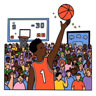 A close-up of a young man with light skin and short black hair, focused and determined, is preparing to take a game-winning shot in a basketball arena. He is wearing a bright red basketball uniform with the number "1" on the front. The crowd in the packed arena is cheering, with faces filled with excitement and anticipation, and colorful banners hanging from the rafters. In the background, a scoreboard shows the game is tied, and the seconds are ticking down. The basketball is just leaving his fingertips, heading toward the hoop.