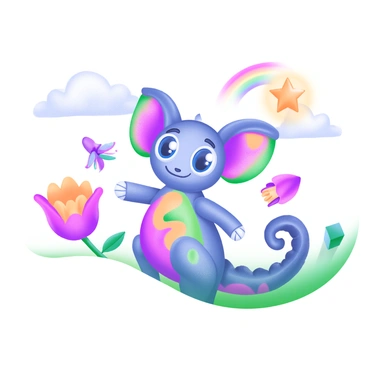 A whimsical illustration featuring a fantastical creature with oversized ears and large, sparkling eyes. The creature has a vibrant, multi-colored body with swirling patterns, and its limbs are elongated and slightly twisted. Its tail is fluffy and curls in an intricate spiral. Surrounding the creature are whimsical flowers with exaggerated petals and a bright, sunny sky filled with fluffy clouds. A small rainbow arcs in the background, enhancing the magical atmosphere of the scene.