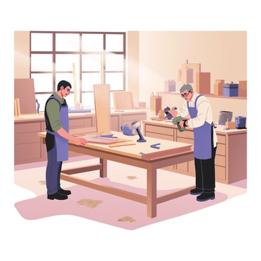 A scene featuring craftsmen assembling wooden furniture in a sunlit woodshop. There are two craftsmen, one on the left with dark hair, wearing a blue apron and holding a wooden plank, and the other on the right with gray hair, wearing glasses and using a power tool to secure the furniture. Sunlight streams in through large windows, casting warm light across the wooden workbenches piled with tools and materials. Sawdust is scattered on the floor, and several partially assembled furniture pieces are visible in the background. The walls are lined with shelves holding various tools and wooden boards.