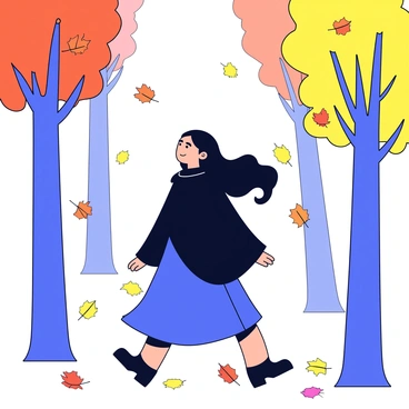A witch with long, flowing black hair wearing a dark cloak is strolling through an autumn forest. The trees are tall, with branches adorned in shades of orange, red, and yellow leaves. Leaves are swirling around her as a gentle breeze passes through the forest. The ground is carpeted with fallen leaves, creating a vivid tapestry of colors beneath her feet.