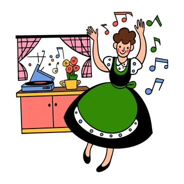 A 1950s housewife with light skin and short, curly brown hair is dancing joyfully in a bright kitchen. She is wearing a classic polka dot dress with a fitted bodice and a full skirt, along with an apron. The kitchen is adorned with colorful vintage decor, including checkered curtains and a floral centerpiece on the table. The vintage record player is on a counter, with music notes visually represented around it to indicate lively music. The woman's expression radiates happiness as she twirls, with one hand raised and a smile on her face, embodying the carefree spirit of the era.