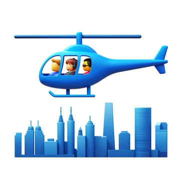 A private helicopter flying above a vibrant city, showcasing iconic landmarks below. The helicopter has a sleek design and large windows for clear views. Tourists are visible inside, wearing headsets and looking excited as they take in the sights. Below, the cityscape features famous buildings and monuments, with a mix of modern skyscrapers and historical structures. The sky is clear, allowing for excellent visibility of the landmarks.