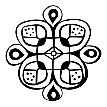 A geometric design composed of interlocking shapes, featuring symmetrical patterns that resemble the structure of biological forms. The design includes repetitive elements in various sizes, creating a sense of depth and dimension. Each shape is outlined distinctly, with intricate details that highlight the complexity of natural forms. The overall composition is balanced and harmonious, showcasing a blend of curves and sharp angles.