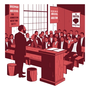 A prominently featured figure of Frederick Douglass stands at a wooden podium in a 19th-century hall, passionately delivering a speech at an abolitionist meeting. Douglass has a well-groomed beard and is dressed in a formal dark suit. The hall is filled with attentive audience members, some seated on wooden benches and others standing, all listening intently. The walls of the hall are adorned with historical banners and posters advocating for abolition, primarily in rich red and soft white tones. A large window at the back allows natural light to illuminate the scene, creating a warm atmosphere. Douglass gestures with his right hand, emphasizing his points as he captivates the crowd with his powerful presence and eloquence.