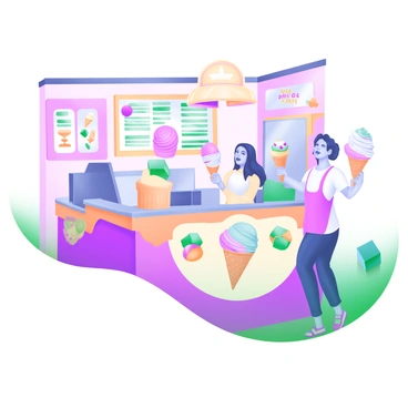 A cheerful ice cream parlor featuring a counter adorned with colorful "ice cream cones" and various "scoops" of ice cream in pastel colors. Customers are standing at the counter, smiling as they enjoy their treats. Some are holding "cones" topped with swirls of ice cream, while others are savoring "sundaes" with whipped cream and cherries on top. The interior is bright and inviting, with pastel-colored walls and playful decor elements like "ice cream-themed" murals and a vibrant menu board.