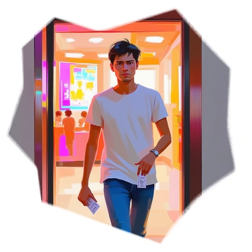 A person with medium skin and short, dark hair is exiting a cinema. They have a disappointed expression on their face, with slightly furrowed brows and a downturned mouth. The individual is wearing a casual t-shirt and jeans, holding a crumpled ticket in one hand. In the background, the cinema entrance is visible, with bright movie posters on the walls and a few people chatting. The ambient lighting casts soft shadows, emphasizing the person's expression as they step out into the evening.