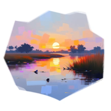 A serene delta landscape at dusk, featuring calm waters reflective of the evening sky. Fireflies are visible above the water, their soft glow illuminating patches around the reeds and grasses lining the banks. In the background, silhouettes of trees can be seen against the fading light, creating a tranquil atmosphere. The sky transitions from orange to deep blue, highlighting the peacefulness of the scene.