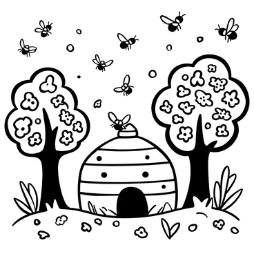 A detailed illustration of a beehive surrounded by numerous bees in various positions, some flying with their wings spread, others crawling on the hive's surface. The beehive is textured to show its structure, with hexagonal openings visible. The orchard features several blossoming trees, filled with intricate blossoms and leaves. There are scattered flower petals on the ground and in the air, indicating a lively atmosphere of pollination. The background displays a hint of other trees and plants, creating a rich environment for the scene.