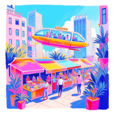 A flying taxi descending towards a vibrant open-air urban market