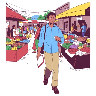 A scholar dressed in a blue shirt and khaki pants is walking through a bustling local market. The scholar is carrying a small notebook and a pen, jotting down observations about the vibrant stalls. Surrounding the scholar are various vendors displaying colorful fruits and vegetables, with a bright yellow awning shading one of the stalls. In the background, there are groups of people engaged in lively discussions, sharing traditional foods, and showcasing local crafts. The atmosphere is filled with the rich textures and colors of the market, creating a dynamic setting for the scholar's cultural exploration.