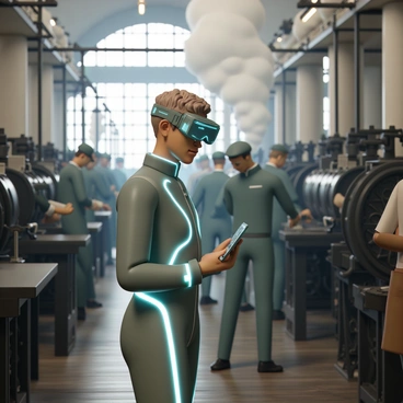 A person, dressed in a sleek, futuristic jumpsuit with metallic accents and glowing lines, stands in a bustling 19th-century factory. The visitor has short, vibrant hair and is wearing high-tech goggles that display digital information. Surrounding them are workers in period-appropriate clothing, such as hats and aprons, operating large machines with gears and levers. The factory is filled with thick plumes of steam and intricate machinery, while the visitor watches intently, taking notes on a holographic tablet. The contrast between the visitor's advanced technology and the historical setting is striking.