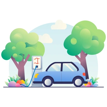 An electric car with a sleek design is parked at a modern charging station. The car is a vibrant shade of blue, reflecting the sunlight. A charging cable is connected to the vehicle, glowing softly as it charges. Surrounding the station, green trees with lush leaves create a natural canopy. Colorful wildflowers bloom at the base of the trees, adding splashes of yellow, red, and purple to the scene. In the background, a clear blue sky stretches overhead, enhancing the feeling of nature flourishing around the electric car.