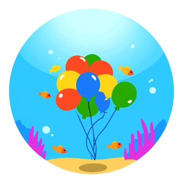 A cluster of colorful balloons in various shades of red, blue, yellow, and green floating upwards in an underwater scene. The balloons are gently swaying with the water currents. Surrounding the balloons are small, vibrant fish in shades of orange, yellow, and blue, swimming playfully around them. Sunlight is filtering through the water's surface, creating a dappled light effect on the ocean floor. Coral formations in shades of pink and purple are present in the background, adding more color to the scene.