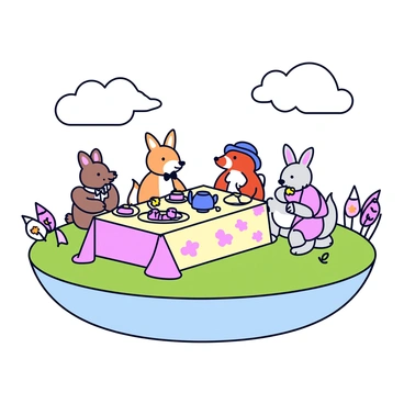 A floating island with lush green grass and vibrant flowers surrounding the edges. In the center, there is a beautifully decorated table set for a tea party. The table is draped with a pastel-colored tablecloth adorned with delicate floral patterns. On the table, there is an assortment of pastries arranged on elegant plates, along with a teapot and teacups set for serving tea. Various guests, including a rabbit wearing a small bow tie and a fox in a bowler hat, are seated at the table, enjoying the pastries and sipping tea. Soft clouds float in the sky around the island, adding to the whimsical atmosphere.