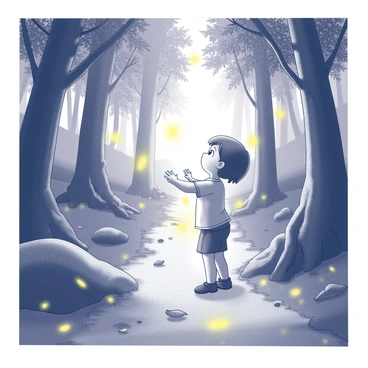 A young child with a look of wonder on their face is standing at the entrance of a hidden path. The path is surrounded by tall, thick trees with lush foliage, creating a sense of enclosure. The ground is covered in a mix of leaves and soft earth, leading deeper into the forest. Glowing fireflies are scattered throughout the scene, their lights illuminating small areas along the path, creating a magical ambiance. The child's arms are slightly raised as they reach towards the fireflies, while the dappled light filters through the tree branches above, enhancing the enchanting atmosphere of the discovery.