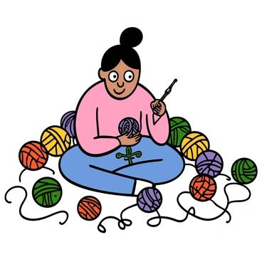 A girl with light skin and big eyes is sitting on the floor, surrounded by a vibrant assortment of yarn balls in various colors, creating a rainbow effect. She has long dark hair tied in a loose braid and is wearing a soft pink shirt and comfortable blue jeans. In her hands, she holds a crochet hook and a small piece of crochet work, indicating she is starting a new project. The yarn balls are scattered around her, and some are partially unraveled, showcasing the creative atmosphere of the scene.