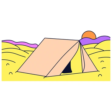 A large tent with a triangular shape, made of light beige fabric, is set up in the middle of a vast desert. The tent has a single entrance flap that is slightly open, revealing empty space inside. Surrounding the tent are tall, soft sand dunes with gentle curves, casting long shadows in the golden light. In the background, the sun is setting, creating a warm orange and pink sky that fades into deep blue, with the sun partially hidden behind the horizon. The sand appears golden, reflecting the colors of the sky.