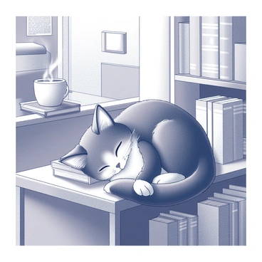A black-and-white cat is curled up comfortably on a wooden bookshelf. The cat's fur is fluffy, and its eyes are closed in a peaceful slumber. The bookshelf contains various books stacked horizontally and vertically, some with visible titles. The bookstore's interior features warm lighting, casting soft shadows across the scene. Other book-related elements, such as a small reading nook with a plush chair and a table with a steaming cup, can be seen in the background, enhancing the cozy atmosphere.