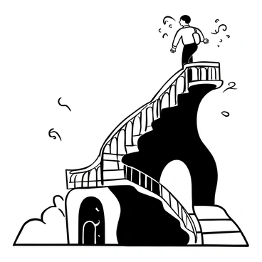 A person wearing a backpack is climbing a never-ending spiral staircase that ascends into the void. The staircase is made of dark wood with intricate carvings on the bannisters. Shadows cast by an unseen light source create a sense of depth and tension around the staircase. The steps are uneven, contributing to a feeling of struggle. Above the staircase, there are swirling patterns that suggest uncertainty and chaos, enhancing the theme of an anxious journey.