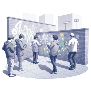 A bustling city street filled with activity and energy. Several artists are focused on creating modern graffiti on a large brick wall. Each artist has unique tools in hand, such as spray paint cans and brushes, as they apply vibrant designs and complex shapes to the wall. People of various ages and backgrounds gather nearby, observing the artists at work. Some are taking photos, while others are engaged in conversation. In the background, you can see tall buildings and street signs, contributing to the urban atmosphere of the scene.