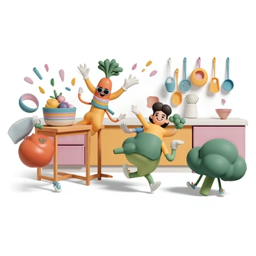 A vibrant kitchen filled with bright colors and warm lighting. Various anthropomorphized vegetables are energetically dancing to music. A cheerful carrot, wearing sunglasses and a colorful scarf, is twirling with a joyful expression. A happy tomato, with arms raised, is doing a lively spin beside a playful broccoli, who is bouncing on its feet. The kitchen features a wooden table adorned with a fruit bowl, and there are colorful kitchen utensils hanging on the walls. The atmosphere is filled with excitement, as the vegetables dance around, creating a fun and festive scene.