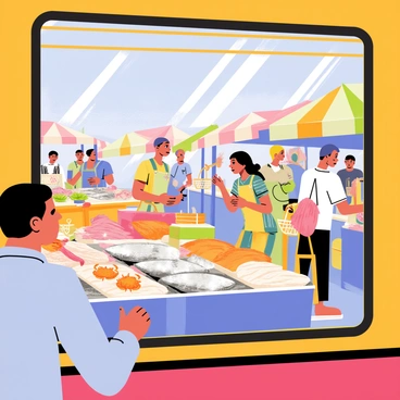 A view through a large bus window showcasing a bustling fish market. The scene features vibrant stalls filled with a variety of seafood, including shining silver fish, bright orange crabs, and shimmering shellfish. Market vendors, wearing colorful aprons, are actively engaging with customers. Shoppers are seen examining the fresh catch, with bags and baskets in hand. The background is filled with awnings in various colors providing shade, and people moving about, creating a lively atmosphere. Sunlight filters in through the window, illuminating the energetic scene outside.