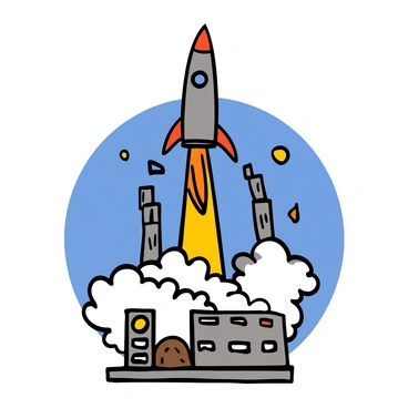 A rocket with a sleek metallic body and vibrant colored accents is blasting off into the sky from a launch pad. The rocket's flames are igniting from its engines, creating a bright orange and yellow glow. Thick plumes of white smoke are billowing around the base of the rocket, partially obscuring the launch pad. The sky is transitioning from blue to white as the rocket ascends, leaving a trail of smoke behind it. The launch pad is detailed with various control panels and structures, completing the scene of this dynamic launch.