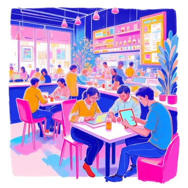 A bustling cyber café is filled with a diverse group of people. Several individuals are seated at sleek, modern tables, each engrossed in their own activities. Some are typing on laptops, while others are using tablets with vivid screens displaying AI interfaces. A barista is preparing drinks behind a stylish counter, where a menu board lists various beverages. The atmosphere is lively, with chatter and laughter filling the air. Bright neon lights illuminate the space, and digital art decorates the walls, adding to the contemporary vibe of the café.