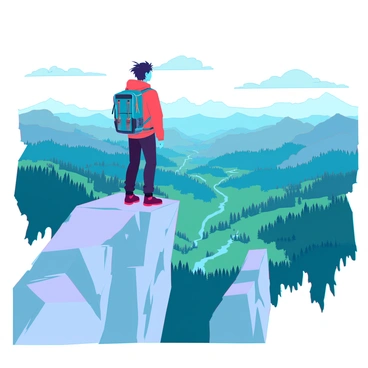 A hiker standing atop a sharp, rocky peak, overlooking a vast valley below.