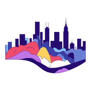 A city skyline with tall buildings is partially obscured behind layers of abstract shapes in various forms. The buildings in the skyline are silhouetted against the layers. The abstract shapes include geometric patterns, flowing curves, and vibrant textures, all blending together. The overall scene creates an intriguing interplay between the urban structure and the colorful shapes, adding depth and complexity to the image.