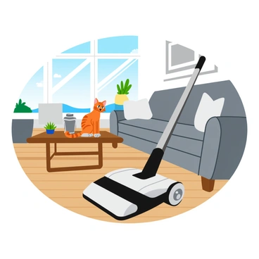 A futuristic robot vacuum cleaning a modern living room with a cat observing curiously
