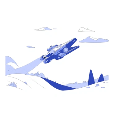 The Millennium Falcon is taking off from a sandy desert planet. The ship is angled upwards, with its engines emitting a noticeable blast of propulsion. A trail of dust is being kicked up from the landing gear as the Falcon ascends, creating a cloud of fine particles in the air. The landscape around the ship features rolling dunes and sparse vegetation, emphasizing the desert environment. In the distance, there are rocky formations partially obscured by the dust. The sky above is vast, showcasing scattered clouds.