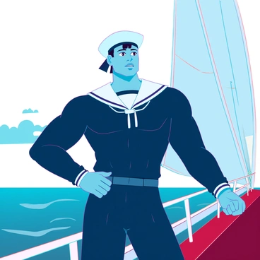 A strong sailor character with a muscular build, wearing a classic navy outfit that includes a white sailor's hat, a dark blue long-sleeve shirt, and matching trousers. He stands proudly on the deck of a ship, with his hands resting on the ship's railing. The ocean stretches out behind him, with waves gently lapping against the hull. The sky is clear with a few fluffy clouds, and the ship's sails are fully unfurled, catching the wind. The sailor has a determined expression on his face, embodying confidence and resilience as he gazes into the distance.