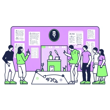 An exhibit of "Poe's works and personal items" is displayed within a museum setting. Several framed pages of his handwritten manuscripts are mounted on the walls, showcasing his distinctive penmanship. In the center of the room, there is a glass display case containing personal items such as a quill and an inkpot. Nearby, a small table holds a collection of his book covers, each marked with titles like "The Raven" and "The Tell-Tale Heart." Dim lighting highlights a portrait of Poe, hung prominently at the back of the room. Visitors are seen observing the exhibit, some taking notes, while others read the information plaques next to each item.