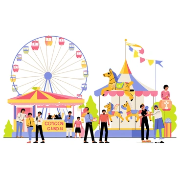 A lively carnival scene filled with colorful rides and attractions. There is a large ferris wheel with vibrant red, blue, and yellow cabins spinning against a clear sky. Nearby, a carousel features intricately designed horses painted in various bright colors, each adorned with shimmering decorations. Stalls selling cotton candy and popcorn display bright signage. Groups of people, including children and families, gather enthusiastically around the attractions, their faces filled with joy and excitement. Colorful banners and flags flutter in the wind, adding to the festive atmosphere.