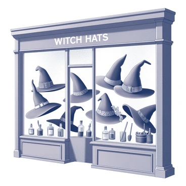 A shopfront with large glass windows, showcasing an array of vintage witch hats. The hats vary in styles and sizes, some with wide brims and others with pointed tops. Each hat is adorned with different embellishments like lace, ribbons, and small charms. The window display is framed by ornate wooden trim, and the shop's name is elegantly painted above the entrance. A few small decorative items, such as potion bottles and broomsticks, are positioned around the hats, enhancing the theme of magic and mystique.