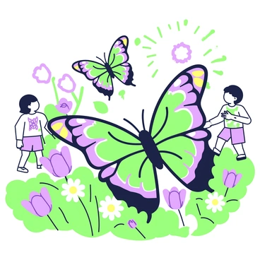 A butterfly flitting across a garden, unbothered by chasing children