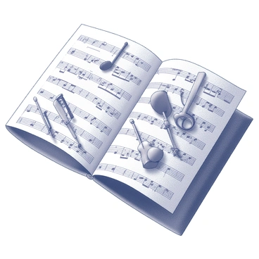 A piece of fabric featuring an intricate pattern of musical notes and various instruments. The sheet music is clearly visible, with notes and symbols elegantly woven throughout. Instruments such as violins, trumpets, and pianos are incorporated into the design, blending harmoniously with the music notation. The stitches vary in thickness, creating a textured appearance that enhances the detail of the fabric.