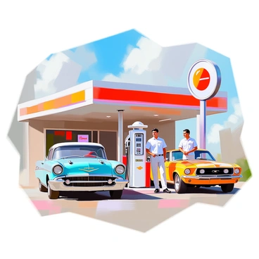 A vintage 1950s gas station featuring a distinctive red and white building, complete with a retro gas pump displaying the price per gallon. In front of the gas station, there are several classic cars, including a shiny turquoise Chevrolet Bel Air and a bright yellow Ford Mustang. The attendant, a man with short dark hair, is wearing a crisp white uniform with a name tag. He is standing next to the gas pump, smiling as he interacts with a customer leaning against their car. The scene evokes a sense of nostalgia with details like a ‘Open’ sign in the window and a bright blue sky overhead.