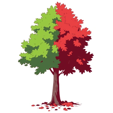 A tall tree stands against a clear sky, its trunk thick and sturdy. The leaves on the tree are split clearly down the middle, with one half displaying bright green foliage while the other half showcases deep red leaves. The bright green leaves are vibrant and healthy, catching the sunlight, while the deep red leaves offer a striking contrast, hinting at the transition of seasons. The ground beneath the tree is scattered with fallen leaves, blending the two colors together in a beautiful display.