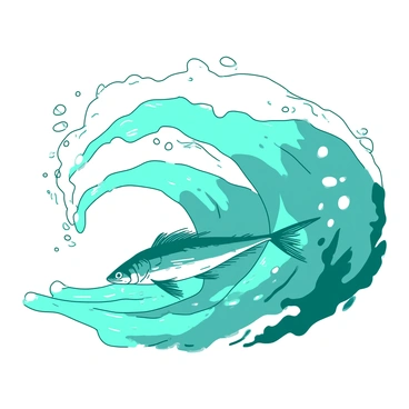 A teal anchovy is gliding smoothly through a white ocean wave. The wave curls majestically around the anchovy, with numerous bubbles surrounding it. Sunlight filters through the water, creating a shimmering effect on the surface. The anchovy's scales reflect the light, adding a glint to its sleek body as it navigates effortlessly through the wave.