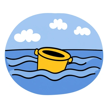 A colorful potty floating on gentle ocean waves, surrounded by a vast expanse of water. The ocean is calm, with soft, rolling waves creating a serene ambiance. Above, the sky is clear and blue, with a few fluffy white clouds scattered in the distance. The potty is brightly colored, adding a playful touch to the tranquil scene.