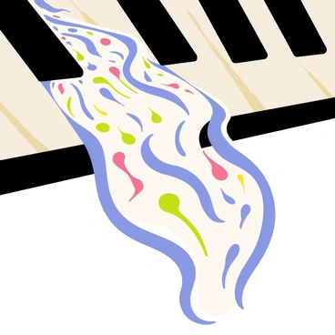 A close-up view of black and white piano keys seamlessly transitioning into a flowing river. The river is composed of various colorful musical notes, swirling and cascading like water. The notes vary in size and shape, creating a vibrant flow. The background is softly blurred to emphasize the piano keys and the musical river.