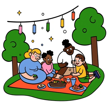 A family is gathered on a picnic blanket in a lush green park, surrounded by colorful lanterns hanging from nearby trees. The family consists of a light-skinned mother with big eyes, wearing a blue dress, and a dark-skinned father with big eyes, wearing a white shirt and beige shorts. They have two children: a light-skinned girl with big eyes and curly hair, wearing a pink t-shirt and denim shorts, and a dark-skinned boy with big eyes wearing a yellow t-shirt and green shorts. The picnic spread includes sandwiches, fruit, and drinks. The sky is bright and filled with shimmering stars, creating a festive atmosphere. The children are laughing and playing as the parents smile and enjoy the moment together.