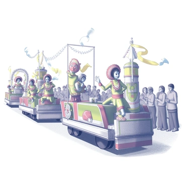 A lively parade taking place during a Bengali festival. Colorful floats are intricately decorated with traditional designs, showcasing various cultural motifs. Performers are dressed in elaborate costumes, some wearing vibrant masks and others adorned with flowers. The crowd is gathered along the streets, with people smiling and clapping in celebration. Festive banners and streamers hang overhead, contributing to the energetic atmosphere of the event.