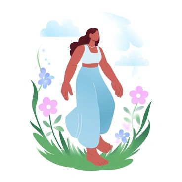 A person with long, bohemian-style braids is walking through a sunlit meadow filled with vibrant wildflowers in various colors. The sunlight casts a warm glow on the scene, illuminating the person's flowing, loose-fitting clothing that moves gently with each step. In the background, a clear blue sky can be seen, dotted with a few fluffy clouds. The tall grass sways softly in the breeze, adding to the serene atmosphere of the meadow.